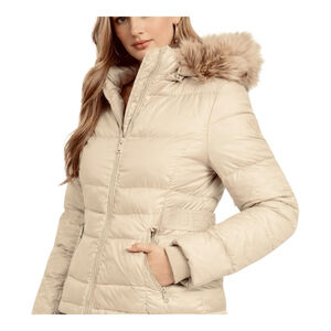 GUESS Beige Cream Puffer Jacket with Faux Fur Hood, Size M NWT